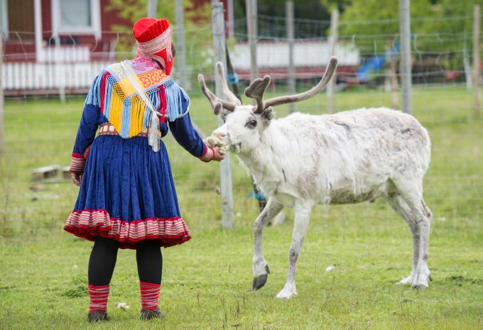 Traditionelle Sami Tracht auf einer Rentier Farm